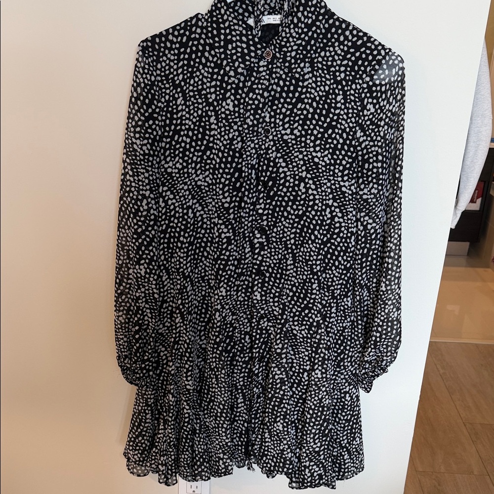 Black and White Polka Dot Long-Sleeve Tunic Dress